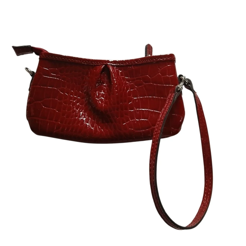 Liz Claiborne Glossy Wrist-let Bag Mini Faux Embossed Burgundy Leather w Strap